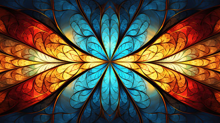 Multicolored symmetrical pattern in stained-glass window style. Computer-generated graphics. Generative AIの素材