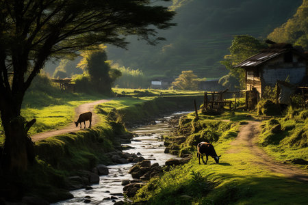 Cows grazing on terraced rice fields in Mae Hong Son, Thailand, Generative AIの素材