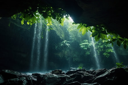 Cave with sunlight shining through the trees at night in tropical forests. Generative AIの素材