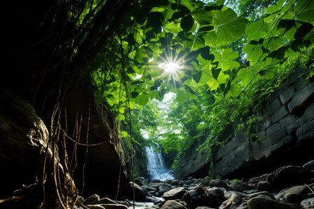 Waterfall in the forest with sun rays and green leaves. Generative AIの素材
