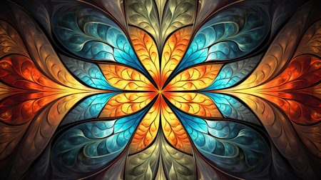 Multicolored symmetrical pattern in stained-glass window style. Computer-generated graphics. Generative AIの素材