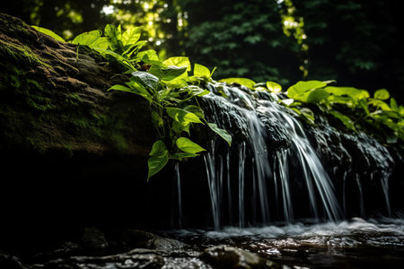 Small waterfall in the forest with green leaves. Selective focus. Generative AIの素材