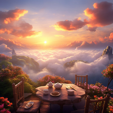 Table with tea and saucers at sunset in the mountains. Generative AIの素材