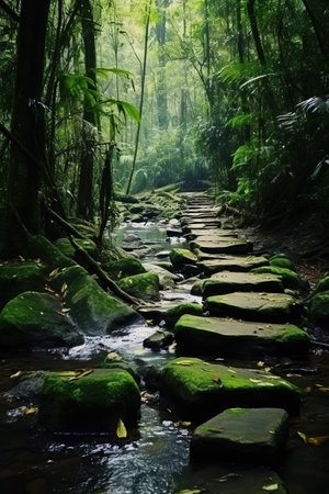 Stream flowing through the rainforest in Costa Rica, Central America. Generative AIの素材