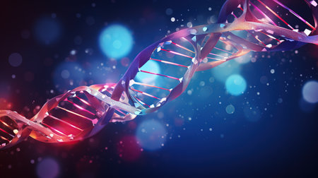 Digital illustration of DNA structure in color background  with light bokeh, Generative AIの素材