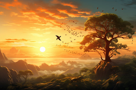 Fantasy landscape with trees and birds flying in the sky at sunset. Generative AIの素材