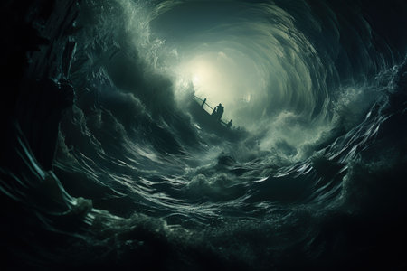 Underwater view of the shipwreck in the sea. 3d rendering. Generative AIの素材