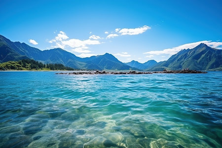 Mountain lake with clear water and mountains in the background, Generative AIの素材