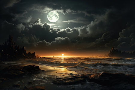 Fantasy landscape with a stormy sea and moon. 3d render. Generative AIの素材