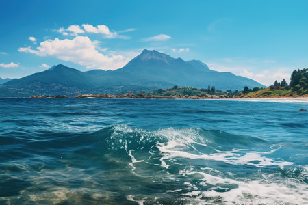 Beautiful view of the sea and mountains in the background. Toned. Generative AIの素材