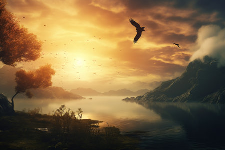 Fantasy landscape with a bird flying over the lake at sunset. Generative AIの素材