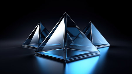 3D rendering of the glass pyramid in a dark background. Abstract background. Generative AIの素材