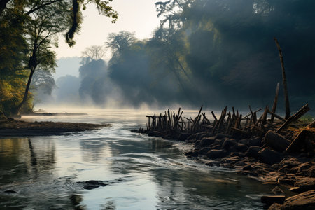 River in the morning mist. Beautiful landscape of river and forest. Generative AIの素材