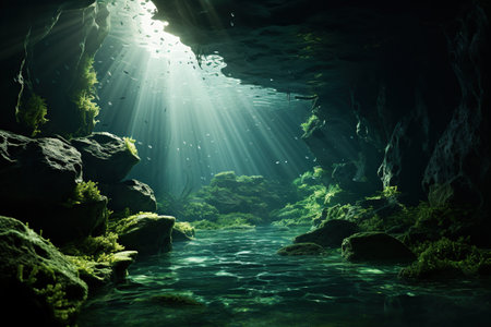 Underwater cave with sunbeams and green algae. 3d rendering. Generative AIの素材