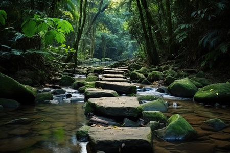 Wooden bridge over a stream in the tropical forest. Nature background. Selective focus. Generative AIの素材