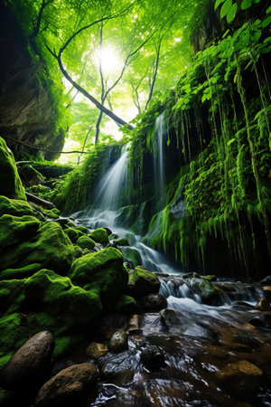 Beautiful waterfall in the forest with green mossy rocks and sunlight. Generative AIの素材