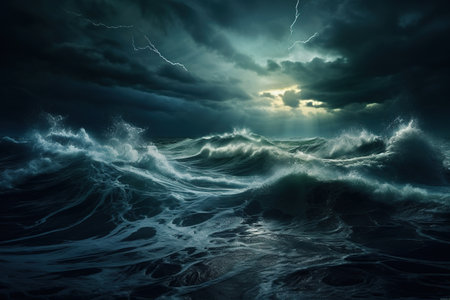 Stormy sea with stormy sky and stormy clouds. 3d rendering. Generative AIの素材