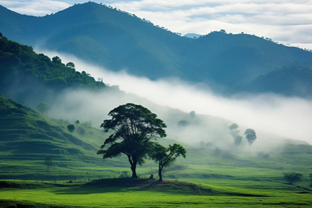 Landscape of morning fog in the mountains with a lonely tree. Beautiful nature landscape background. Generative AIの素材