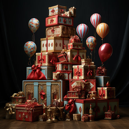 Gift boxes and balloons on a dark background. 3d rendering. Generative AIの素材