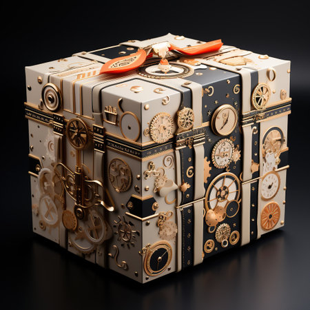 A 3D render of a vintage gift box on a black background. Generative AIの素材