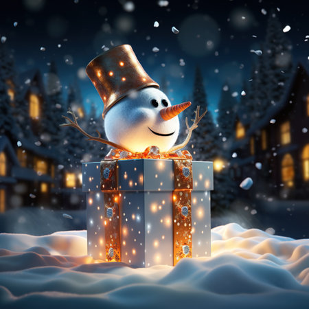 Snowman with gift box in winter village. 3d illustration. Generative AIの素材