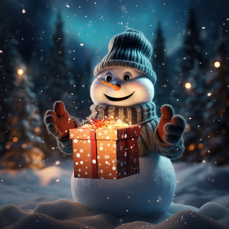 Snowman with gift box in winter forest. 3d illustration. Generative AIの素材
