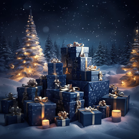 Winter background with gift boxes and Christmas tree. 3d rendering. Generative AIの素材