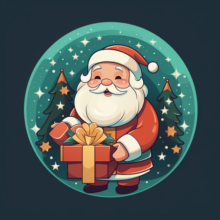 Santa Claus with a gift box and Christmas tree in a circle. Vector illustration. Generative AIの素材