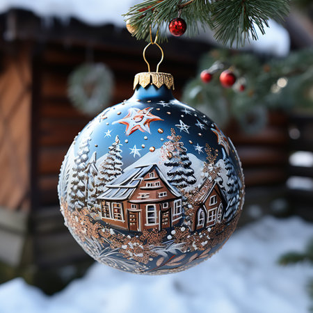 Beautiful Christmas tree decoration on the background of a wooden house. Generative AIの素材