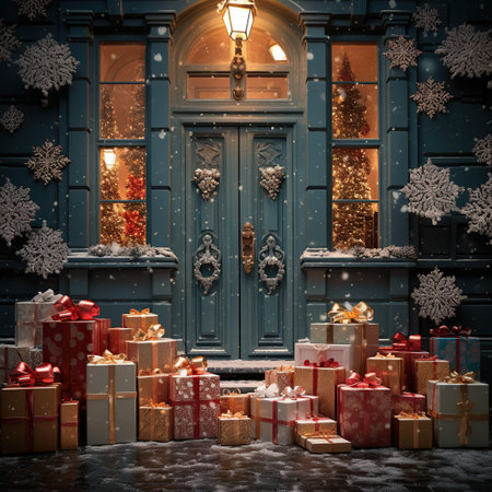 Christmas presents in front of a blue door at night with snowflakes. Generative AIの素材