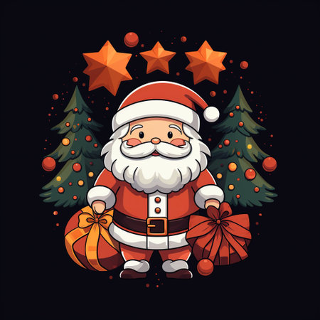 Santa Claus with a gift, Christmas tree, and star vector illustration. Generative AIの素材