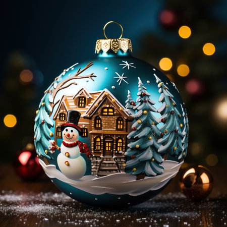Christmas decoration with snowman, house, and fir tree on bokeh background. Generative AIの素材