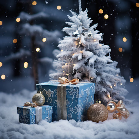 Gift boxes on snow with Christmas tree and bokeh background. Generative AIの素材