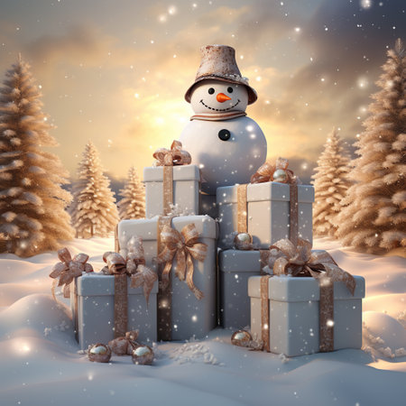 Snowman with gift boxes in winter forest. 3D rendering. Generative AIの素材