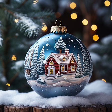 Christmas decoration with toy house and fir tree on wooden background with bokeh lights. Generative AIの素材