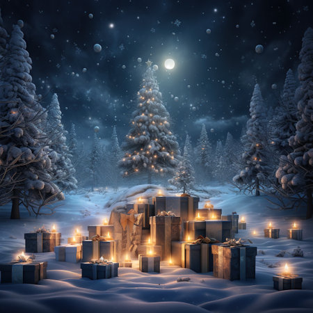 3D render of Christmas background with gift boxes and trees in snow. Generative AIの素材