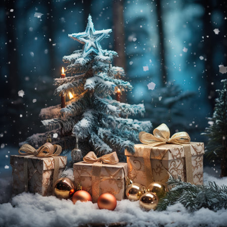Christmas tree and gift boxes on snow background. Festive decoration. Generative AIの素材