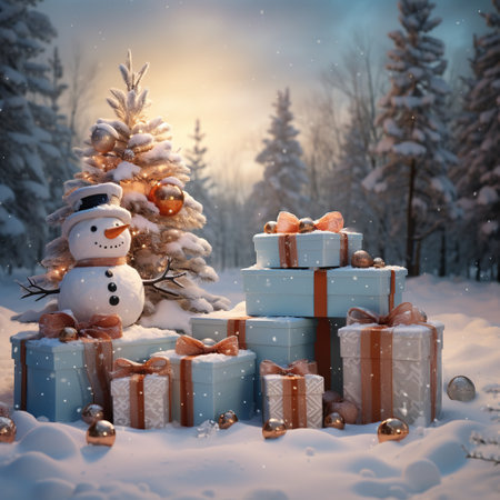 Snowman with gift boxes in the winter forest. Christmas background. Generative AIの素材