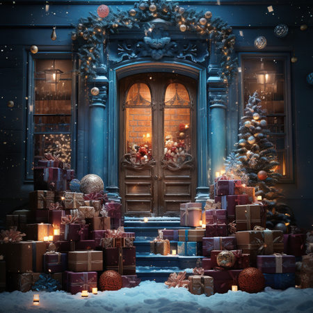 Christmas presents in front of a blue door at night. 3D rendering. Generative AIの素材