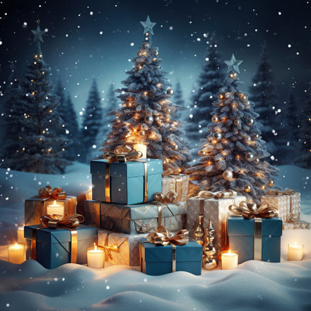 Christmas background with gift boxes, candles, and a fir tree in the snowy forest. Generative AIの素材