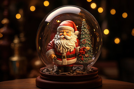 Santa Claus in a snow globe with a Christmas tree and lights. Generative AIの素材