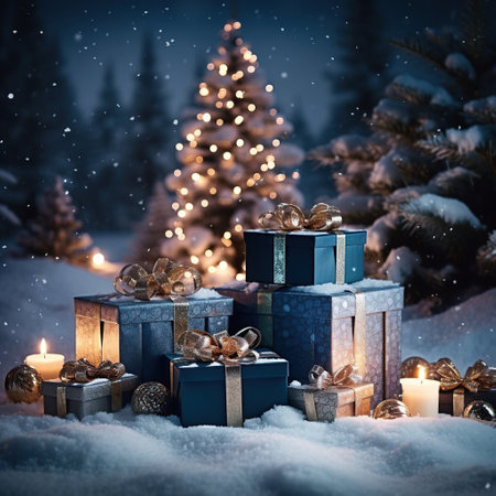 Gift boxes and candles in the snow with a Christmas tree in the background. Generative AIの素材