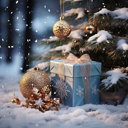 Christmas and New Year holidays background. Christmas tree with gift box on snow. Generative AIの素材