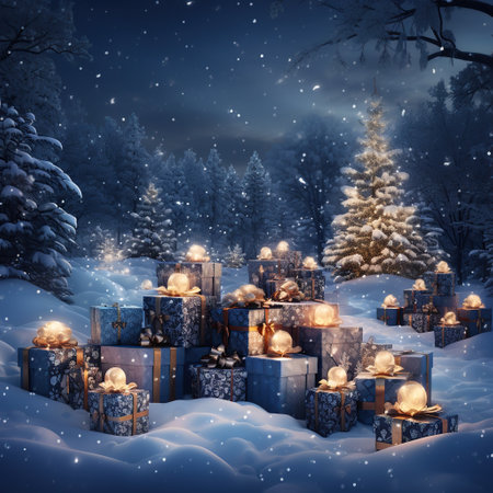 Christmas gift boxes in the snowy forest at night. 3D rendering. Generative AIの素材