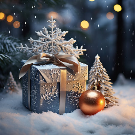 Christmas gift box and Christmas tree in snow with bokeh background. Generative AIの素材