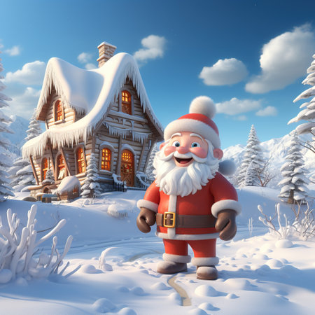 Santa Claus in front of a wooden house in the winter forest. Generative AIの素材