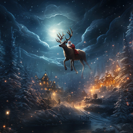 Santa Claus flying in the night sky over the forest with reindeer. Generative AIの素材