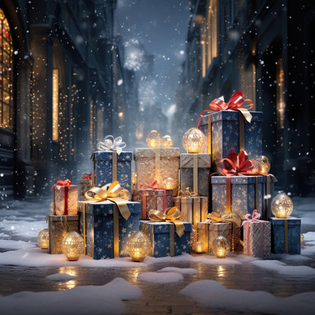 Gift boxes in the snow at night. Christmas and New Year concept. Generative AIの素材
