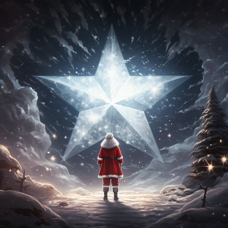 Santa Claus is walking in a snowy winter forest with a big star above his head. Generative AIの素材