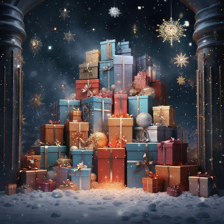Gift boxes and Christmas tree in the snow. 3D rendering. Generative AIの素材